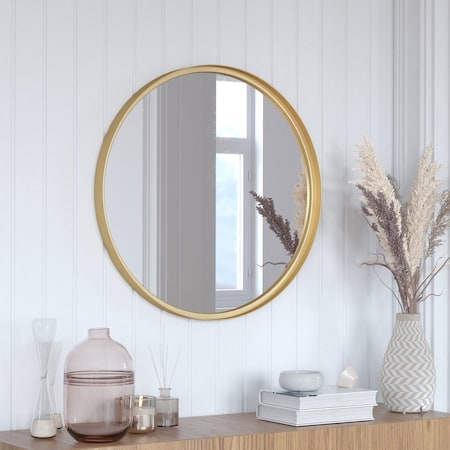 Flash Furniture 27.5in Round Gold Metal Framed Accent Wall Mirror HMHD-9M3000GD-GLD-GG